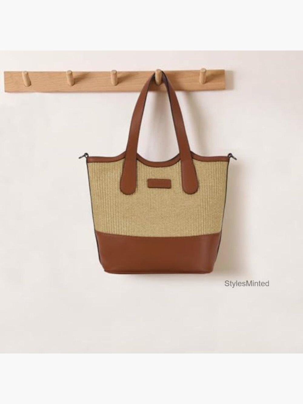 Straw & Vegan Leather Bucket Tote Bag Crossbody Top Handle Purse - Picture 7 of 7
